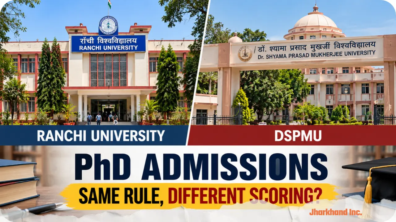 Ranchi University and DSPMU campuses in a comparison of PhD admission criteria