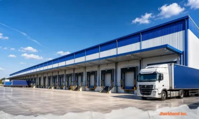 Representative image of a modern logistics warehouse with freight trucks