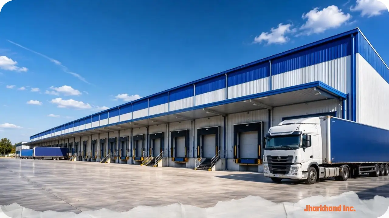 Representative image of a modern logistics warehouse with freight trucks